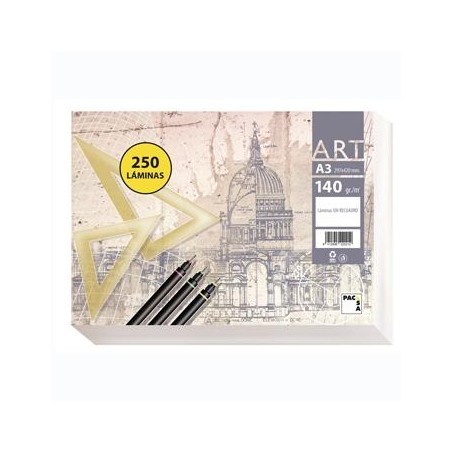 PACSA PAPEL DE DIBUJO SERIE ART PAQUETE 250 LÁMINAS A3 140GR LISO SIN RECUADRO BLANCO