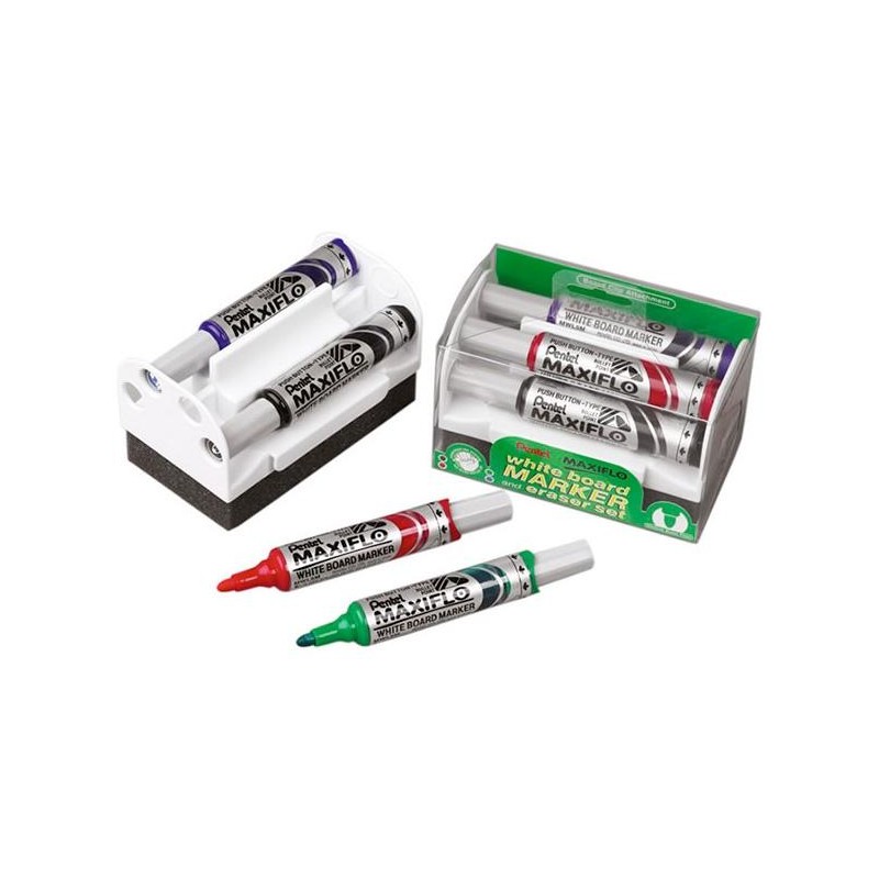 PENTEL MARCADORES PIZARRA BLANCA MAXIFLÓ C/SURTIDOS SET 4 UD + BORRADOR MAGNÉTICO