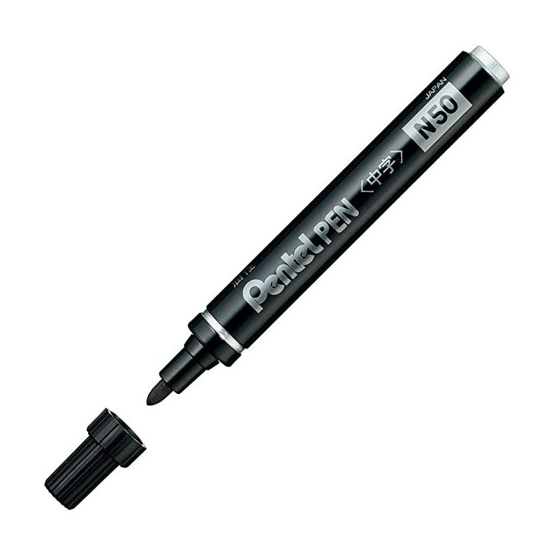 PENTEL PEN N50-AE MARCADOR PERMANENTE CUERPO ALUMINIO NEGRO Y PUNTA MEDIA CONICA -12U-