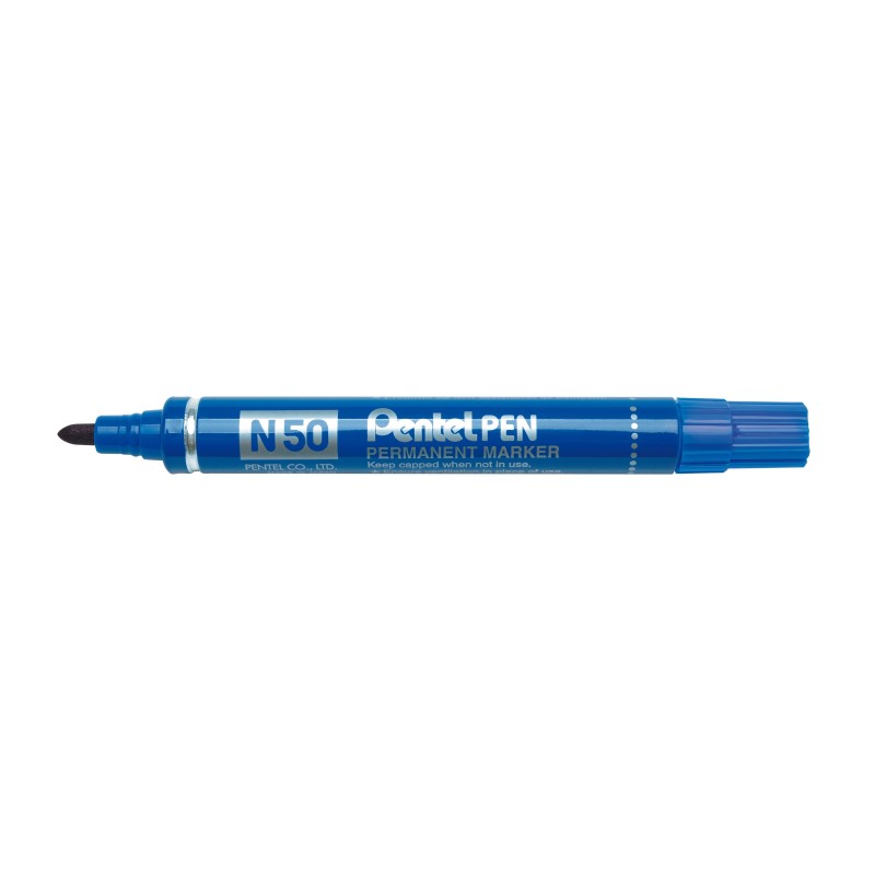PENTEL PEN N50-BE MARCADOR PERMANENTE CUERPO ALUMINIO AZUL Y PUNTA MEDIA CONICA -12U-
