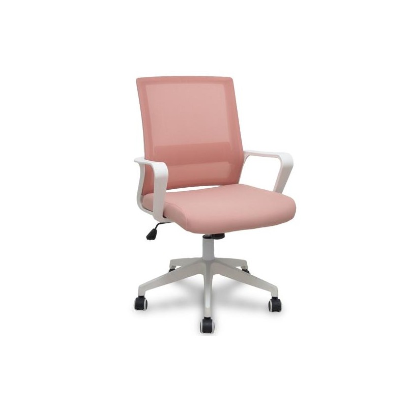PIQUERAS Y CRESPO SILLA ERGO535 BLANCA BASCULANTE RESPALDO MALLA ROSA ASIENTO TELA ROSA RUEDAS NAILON