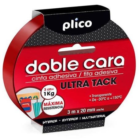 PLICO CINTA ADHESIVA TRANSPARENTE DOBLE CARA ULTRA TACK MULTIMATERIALES ROLLO 20MM X 3M