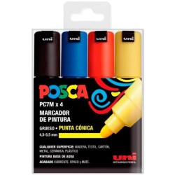 POSCA MARCADOR PC-7M/4C NO PERMANENTE PUNTA BISELADA 4.5-5.5MM COLORES SURTIDOS BASIC -ESTUCHE 4U-