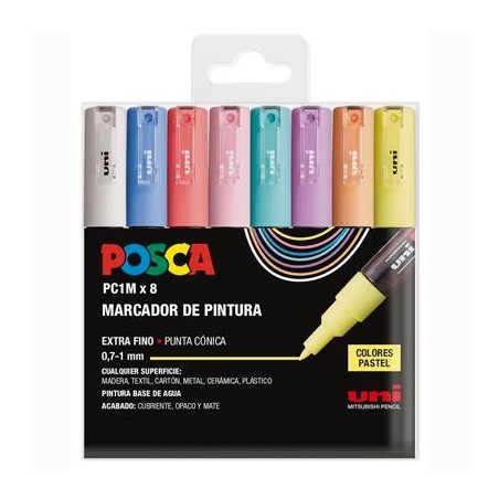 POSCA ESTUCHE BASIC PC-1M/8C NO PERMANENTE PUNTA FINA 0.9MM-1.3MM C/SURTIDOS PASTEL -8U-