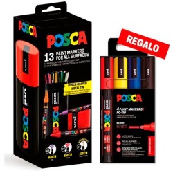 POSCA MARCADOR (PC-5M / PC-3M / PC-5BR) SET 13 COLORES LATA METÁLICA + REGALO PC-5M/4C ESTUCHE 4 COLORES BASIC