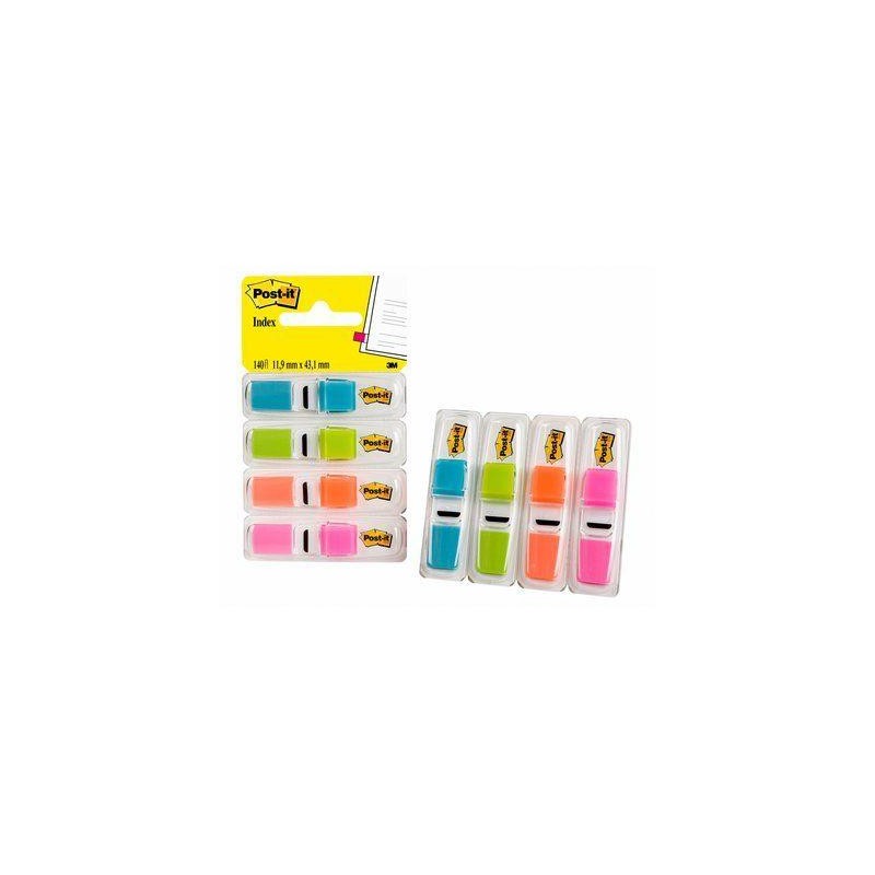 POST-IT INDEX PEQUEÑOS VERDE, AZUL,NARANJA, ROSA BRILLANTE / 12X43MM / 3 DISPENSADORES X 35 + 1 GRATIS