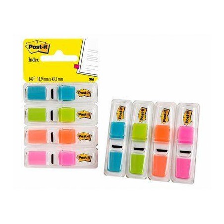POST-IT INDEX PEQUEÑOS VERDE, AZUL,NARANJA, ROSA BRILLANTE / 12X43MM / 3 DISPENSADORES X 35 + 1 GRATIS