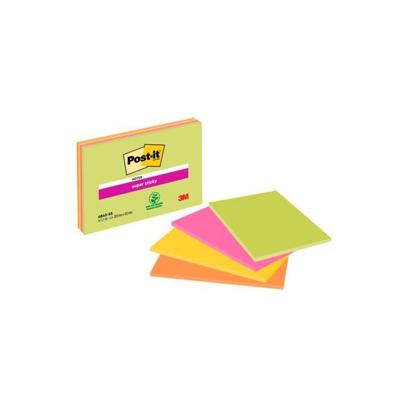 POST-IT BLOC NOTAS PARA REUNIONES SUPER STICKY BLOC 45H 203X152MM C/SURTIDOS NEÓN PACK 4 UD