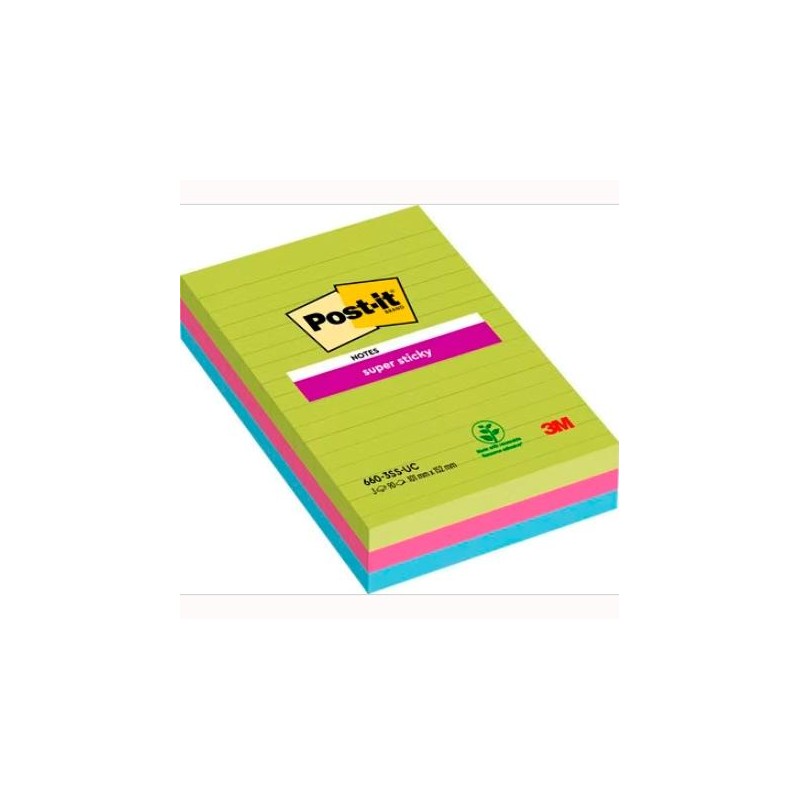 POST-IT BLOC NOTAS ADHESIVAS SUPER STICKY CON LÍNEAS 90H FORMATO GRANDE 102X152 C/SURTIDOS PAQUETE 3 UD