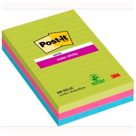 POST-IT BLOC NOTAS ADHESIVAS SUPER STICKY CON LÍNEAS 90H FORMATO GRANDE 102X152 C/SURTIDOS PAQUETE 3 UD
