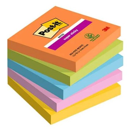 POST-IT BLOCS NOTAS SUPER STICKY 90 HOJAS 4 COLORES NEÓN LUGARES BOOST 76X76 5 BLOCS