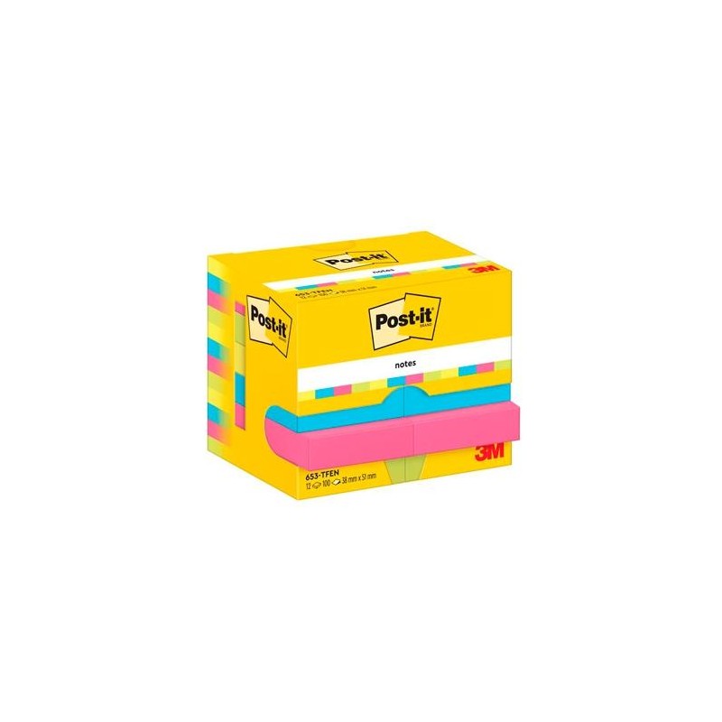 POST-IT BLOCS NOTAS 653 GAMA ENERGETIC AMARILLO,AZUL,FUSIA,VERDE NEÓN 38X51 -PACK 12-