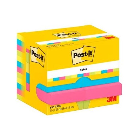 POST-IT BLOCS NOTAS 653 GAMA ENERGETIC AMARILLO,AZUL,FUSIA,VERDE NEÓN 38X51 -PACK 12-