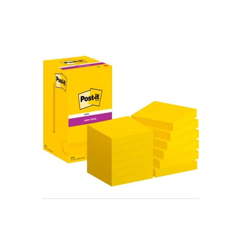 POST-IT BLOC NOTAS ADHESIVAS 654 SUPER STICKY 90H 76X76 ULTRA AMARILLO PAQUETE 12 UD