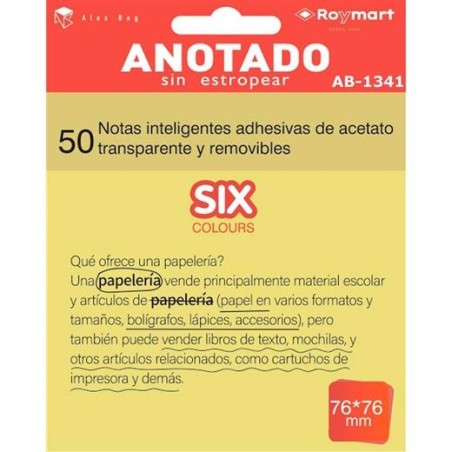 ROYMART BLOC NOTAS ADHESIVAS INTELIGENTES REMOVIBLES 50H 76X76 ACETATO TRANSPARENTE AMARILLO FLUORESCENTE