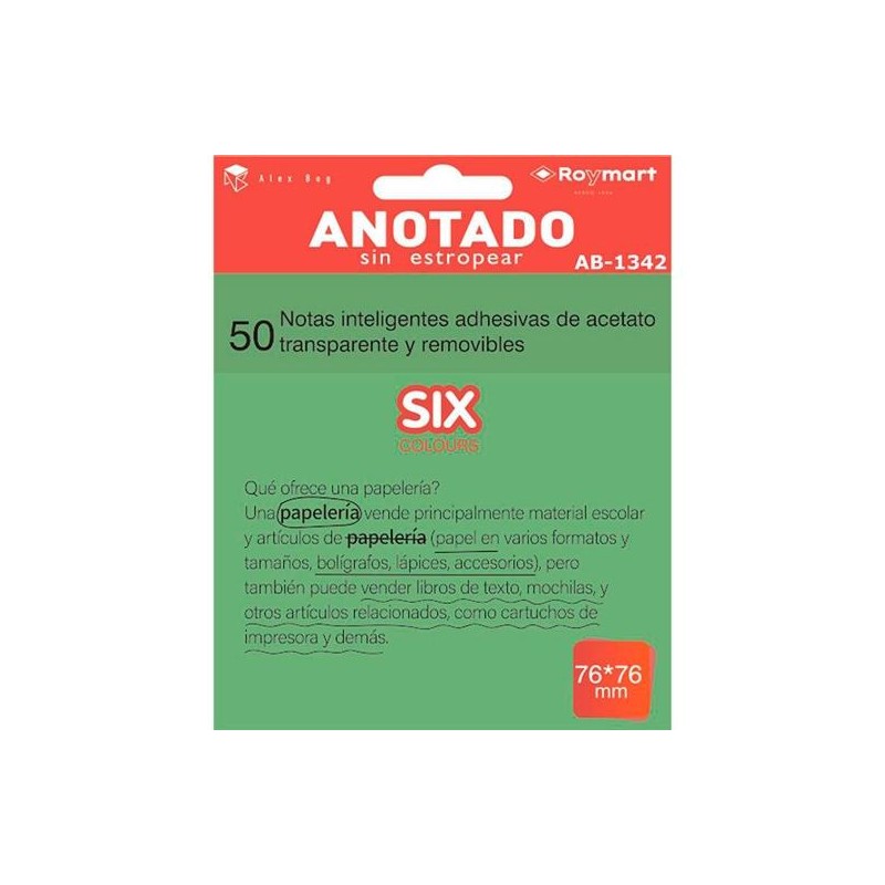 ROYMART BLOC NOTAS ADHESIVAS INTELIGENTES REMOVIBLES 50H 76X76 ACETATO TRANSPARENTE VERDE FLUORESCENTE