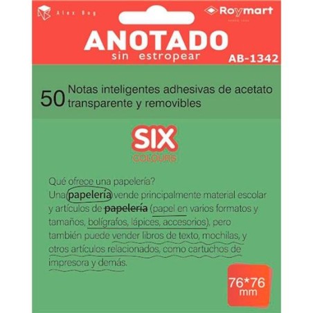 ROYMART BLOC NOTAS ADHESIVAS INTELIGENTES REMOVIBLES 50H 76X76 ACETATO TRANSPARENTE VERDE FLUORESCENTE