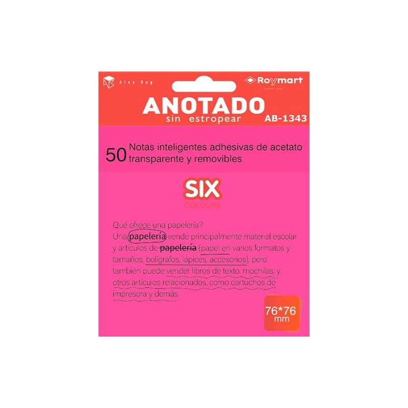 ROYMART BLOC NOTAS ADHESIVAS INTELIGENTES REMOVIBLES 50H 76X76 ACETATO TRANSPARENTE ROSA FLUORESCENTE