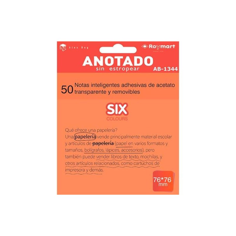 ROYMART BLOC NOTAS ADHESIVAS INTELIGENTES REMOVIBLES 50H 76X76 ACETATO TRANSPARENTE NARANJA FLUORESCENTE
