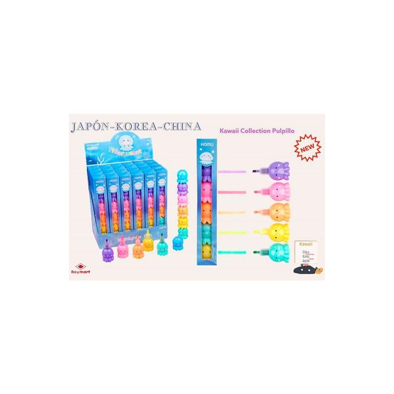 ROYMART MARCADORES PULPILLOS KAWAII SET DE 5 EXPOSITOR DE 24 C/SURTIDOS