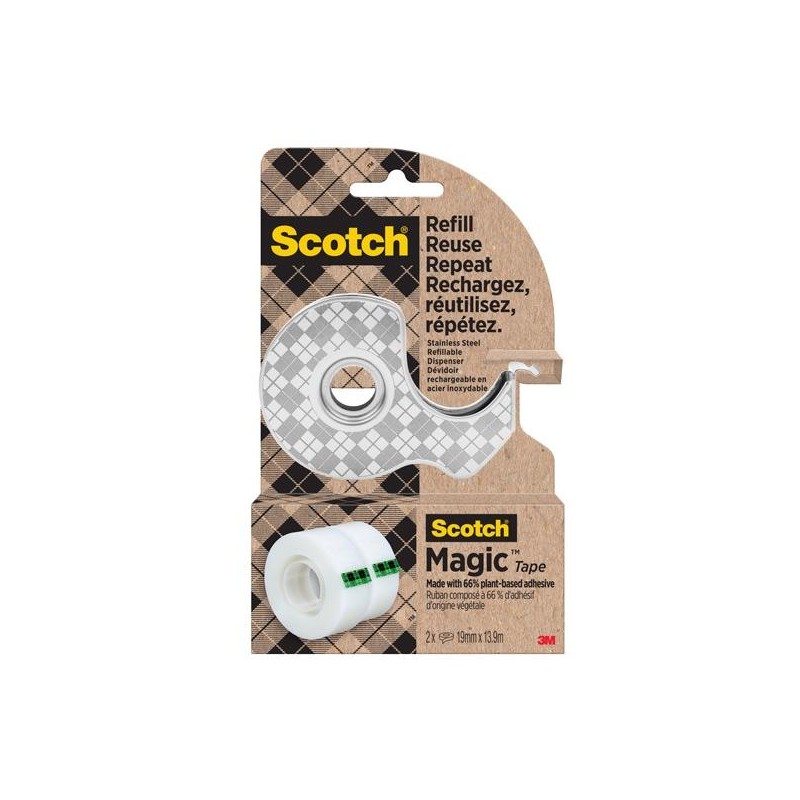 SCOTCH DISPENSADOR DE ACERO INOXIDABLE RECARGABLE PARA CINTA ADHESIVA + 2 ROLLOS DE 19MMX13,9M