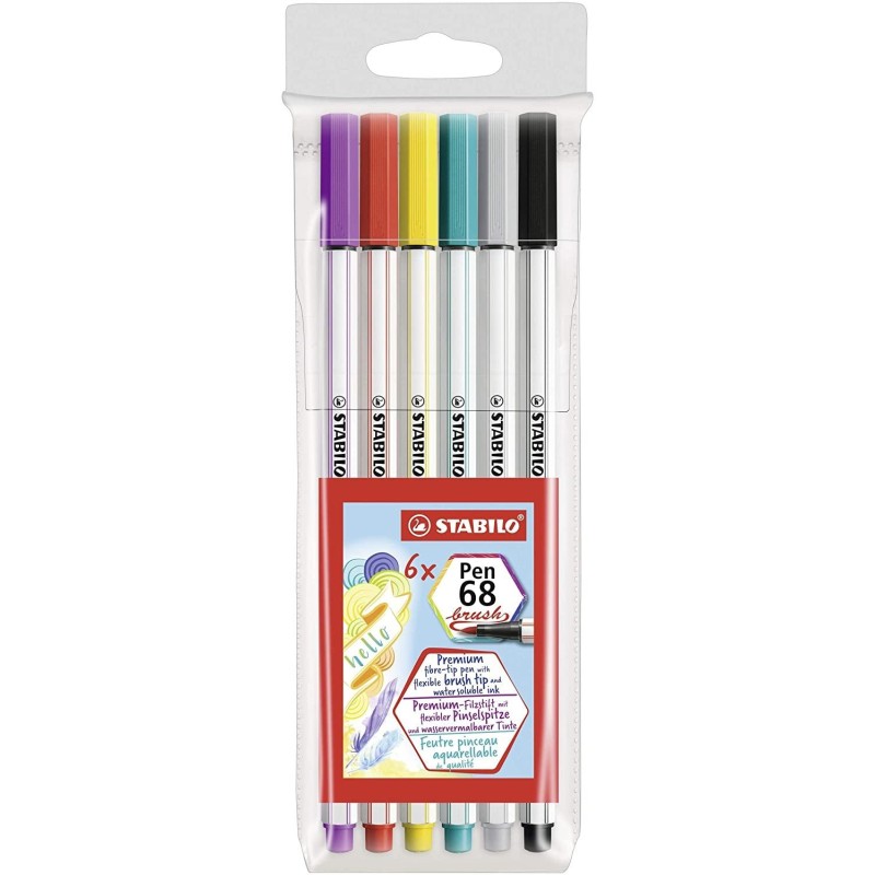 STABILO ROTULADORES PEN 68 BRUSH C/SURTIDOS ESTUCHE PLÁSTICO 6 UD