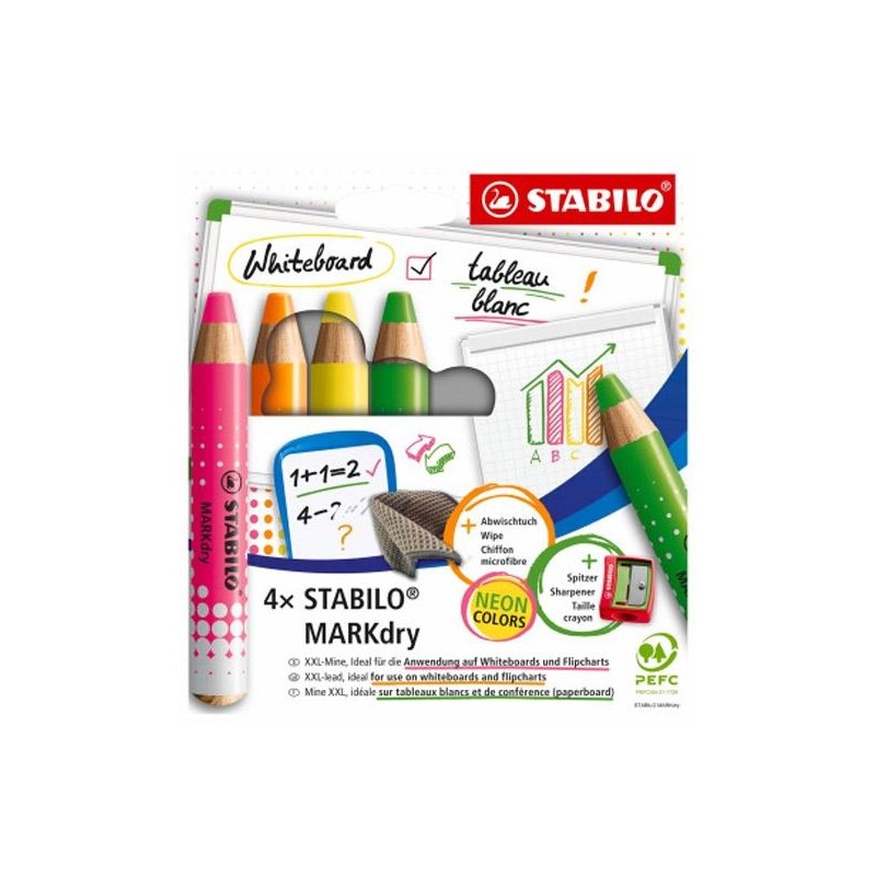 STABILO MARCADOR EN SECO MARKDRY NEON PARA PIZARRA BLANCA Y DE PAPEL C/SURTIDOS ESTUCHE 4 UD