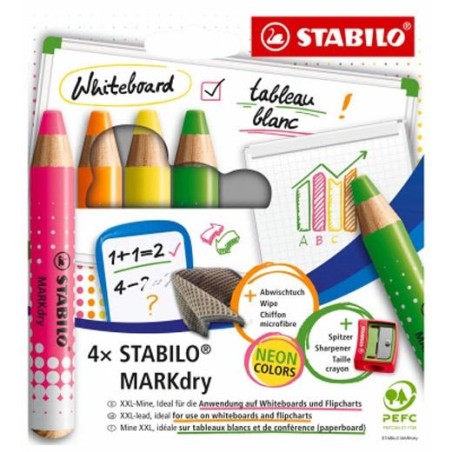 STABILO MARCADOR EN SECO MARKDRY NEON PARA PIZARRA BLANCA Y DE PAPEL C/SURTIDOS ESTUCHE 4 UD
