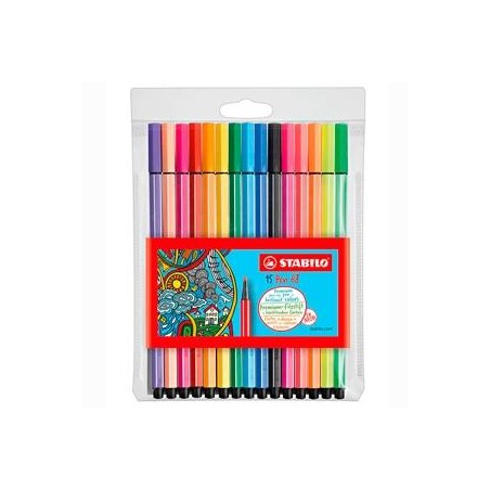 STABILO ROTULADORES PEN 68 COLORES SURTIDOS 10 ESTÁNDAR + 5 NEÓN ESTUCHE 15 UD