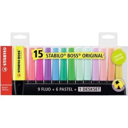 STABILO MARCADOR FLUORESCENTE BOSS ORIGINAL SET ESCRITORIO 9 FLUORESCENTES Y 6 PASTEL C/SURTIDOS BLÍSTER 15 UD