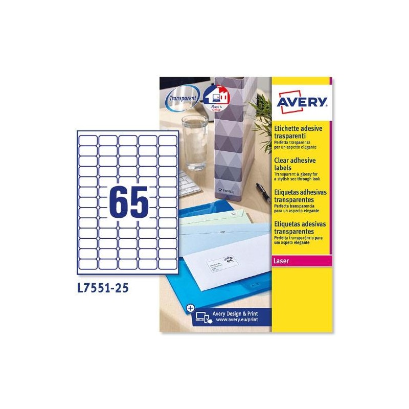 AVERY ETIQUETAS ADHESIVAS MINI 38,1X21,2 LÁSER PARA ENVÍOS 65 X 25H TRANSPARENTES