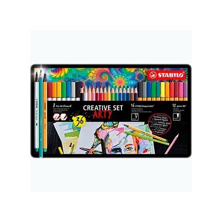 STABILO ROTULADORES CREATIVE SET ARTY C/SURTIDOS 12 POINT 88 + 8 PEN 68 BRUSH + 16 AQUACOLOR CAJA DE METAL 36 UD