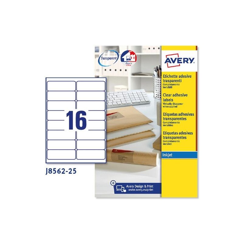 AVERY ETIQUETAS ADHESIVAS PARA SOBRES 99,1X33,9MM INKJET C/ROMOS 16 X 25H TRANSPARENTE
