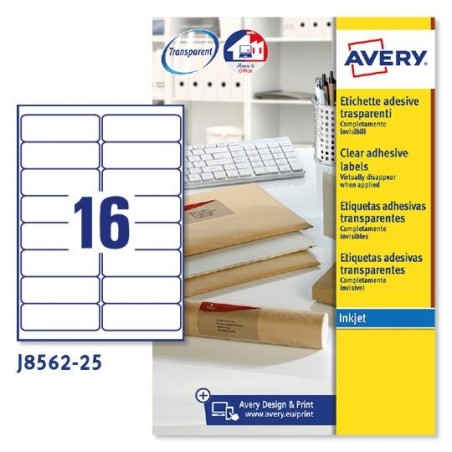 AVERY ETIQUETAS ADHESIVAS PARA SOBRES 99,1X33,9MM INKJET C/ROMOS 16 X 25H TRANSPARENTE