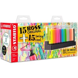 STABILO MARCADORES FLUORESCENTES SET DE MESA 15 UD BOSS ORIGINAL + 15 UD SWING COOL C/SURTIDOS