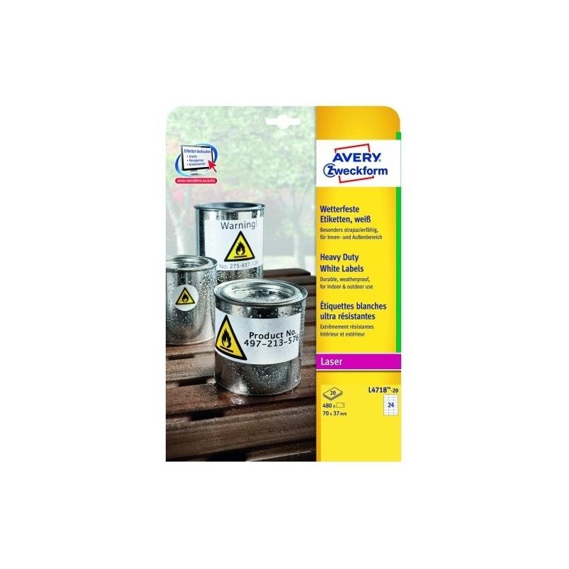 AVERY ETIQUETAS ADHESIVAS EXTRA RESISTENTES 70X37MM LÁSER 24 X 20H POLIÉSTER BLANCO