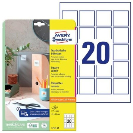 AVERY ETIQUETAS ADHESIVAS PARA CÓDIGOS QR 45X45MM INKJET/LÁSER 20 X 25H BLANCO