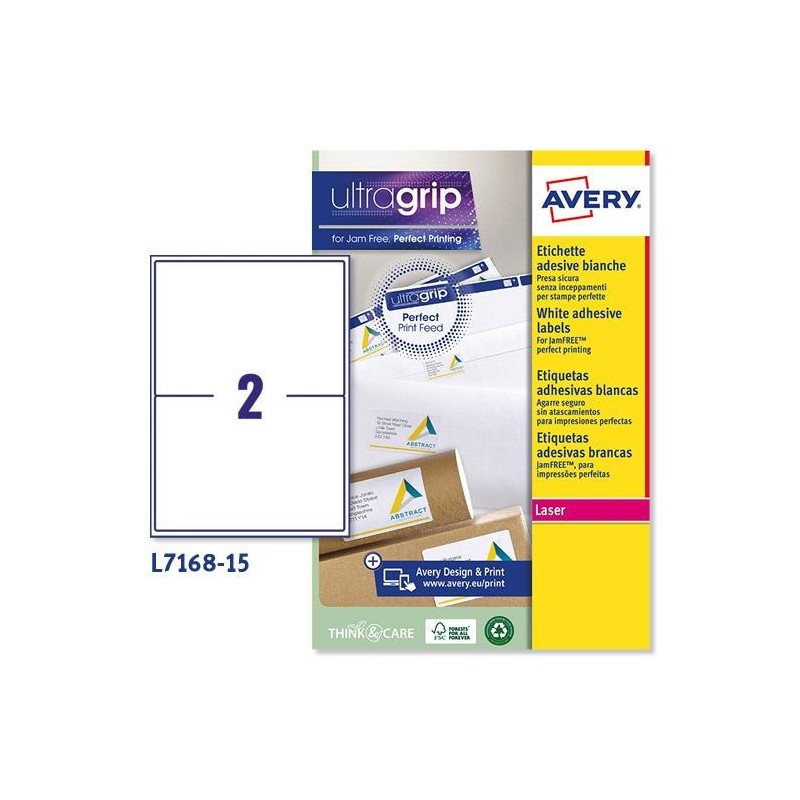 AVERY ETIQUETAS ADHESIVAS PARA ENVÍOS 199,6X143,5MM LÁSER 2 X 15H 100% RECICLADO BLANCO