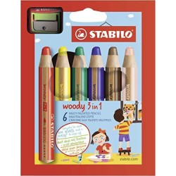 STABILO LÁPICES DE COLORES WOODY 3 EN 1 C/SURTIDOS ESTUCHE 6 UD + 1 SACAPUNTAS