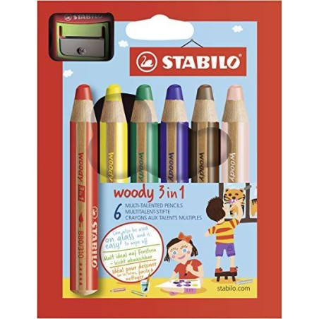 STABILO LÁPICES DE COLORES WOODY 3 EN 1 C/SURTIDOS ESTUCHE 6 UD + 1 SACAPUNTAS