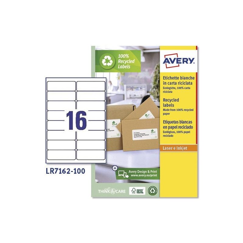 AVERY ETIQUETAS ADHESIVAS PARA ENVÍOS 99,1X33,9 INKJET/LÁSER 16 X 100H 100% RECICLADO BLANCO