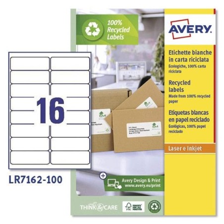 AVERY ETIQUETAS ADHESIVAS PARA ENVÍOS 99,1X33,9 INKJET/LÁSER 16 X 100H 100% RECICLADO BLANCO