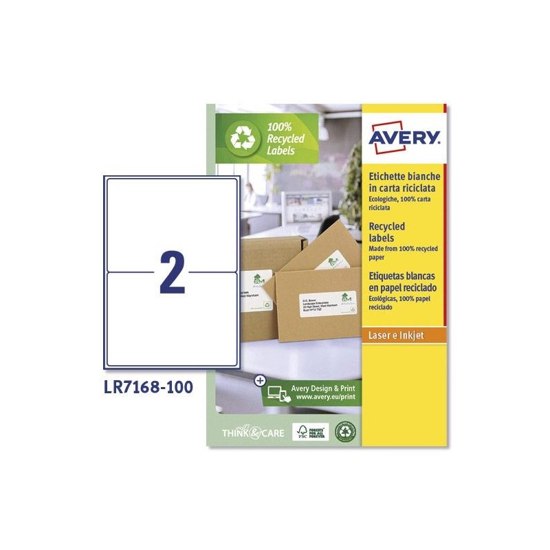 AVERY ETIQUETAS ADHESIVAS PARA ENVÍOS 199,6X143,5MM INKJET/LÁSER 2 X 100H 100% RECICLADO BLANCO