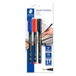 STAEDTLER ROTULADOR PERMANENTE LUMOCOLOR 317-S AZUL/NEGRO/ROJO BLÍSTER 3U