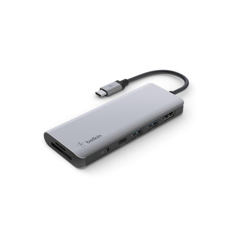 BELKIN ADAPTADOR USB-C 7 EN 1, USB-C PD,2XUSB-A, HDMI,LECTOR SD, MICRO SD, JACK 3.5 MM GRIS
