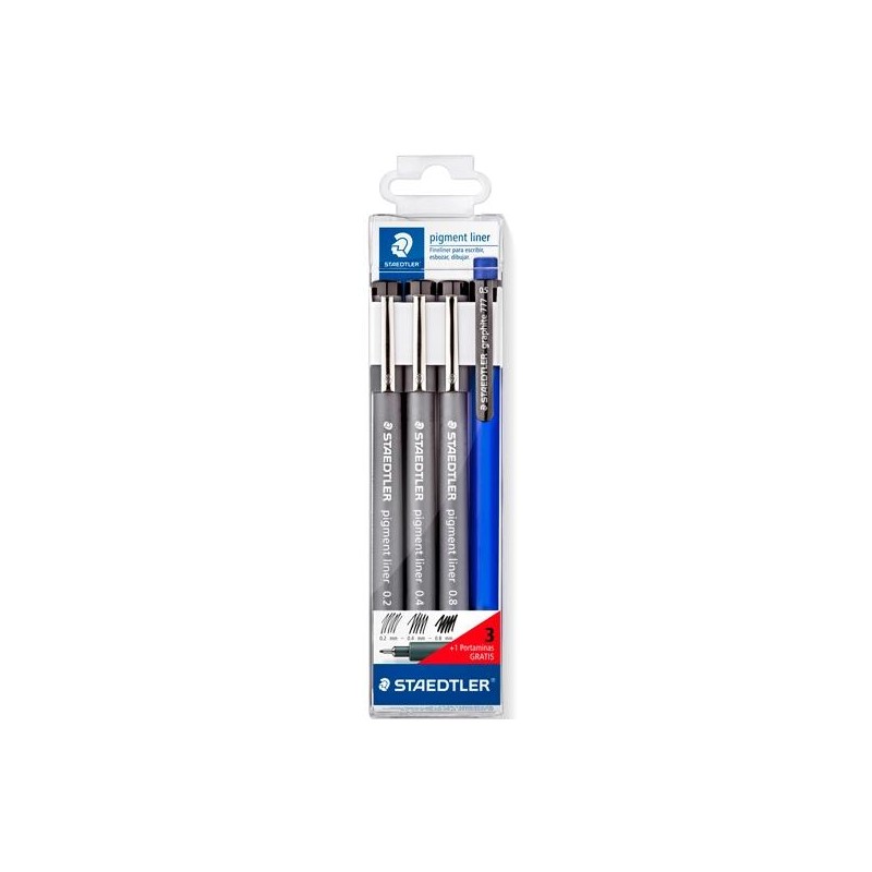 STAEDTLER ROTULADOR PIGMENT LINER NEGRO ESTUCHE 3 UD + 1 PORTAMINAS DE REGALO