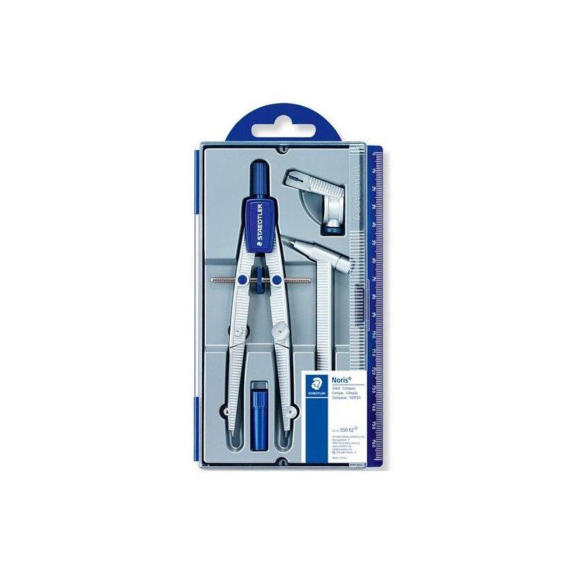 STAEDTLER SET DE COMPÁS ESCOLAR NORIS 550 ESTUCHE CON RUEDA CENTRAL ALARGADERA Y ADAPTADOR UNIVERSAL