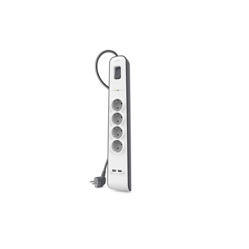 BELKIN REGLETA DE PROTECCION CONTRA SOBRETENSIONES CON 4 TOMAS + 2 PUERTOS USB BOTÓN DE APAGADO Y ENCENDIDO 2 METROS BLANCO/GRIS
