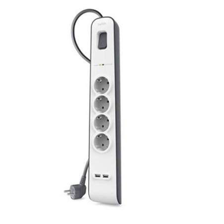 BELKIN REGLETA DE PROTECCION CONTRA SOBRETENSIONES CON 4 TOMAS + 2 PUERTOS USB BOTÓN DE APAGADO Y ENCENDIDO 2 METROS BLANCO/GRIS