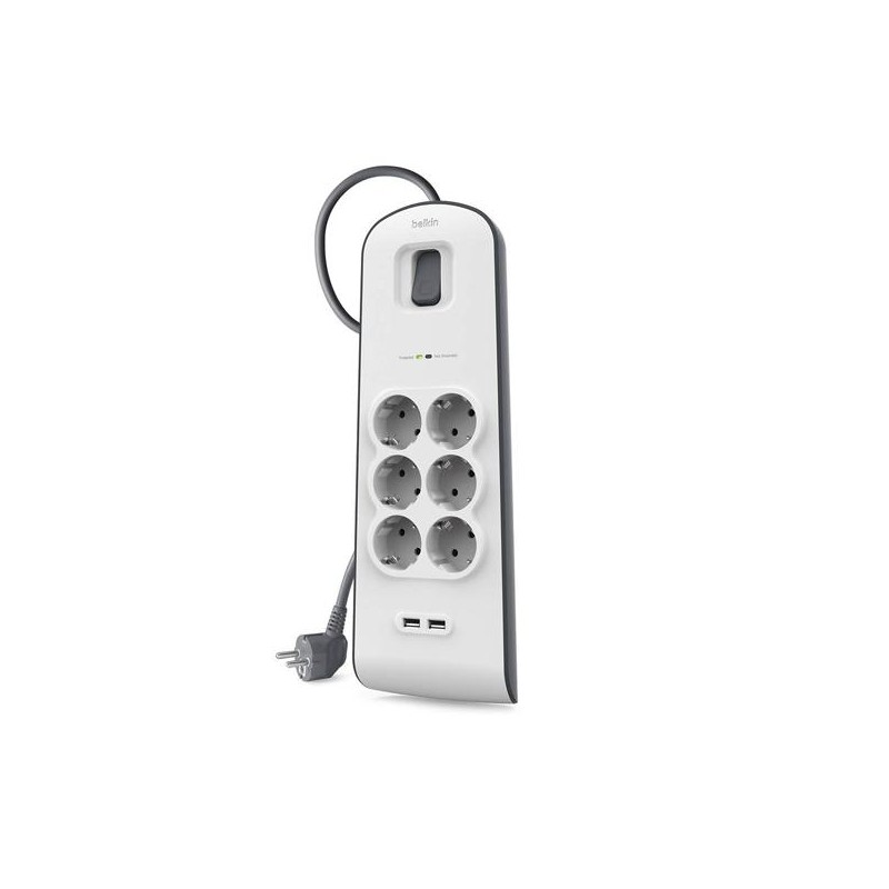 BELKIN REGLETA DE PROTECCION CONTRA SOBRETENSIONES CON 6 TOMAS + 2 PUERTOS USB BOTÓN DE APAGADO Y ENCENDIDO 2 METROS BLANCO/GRIS